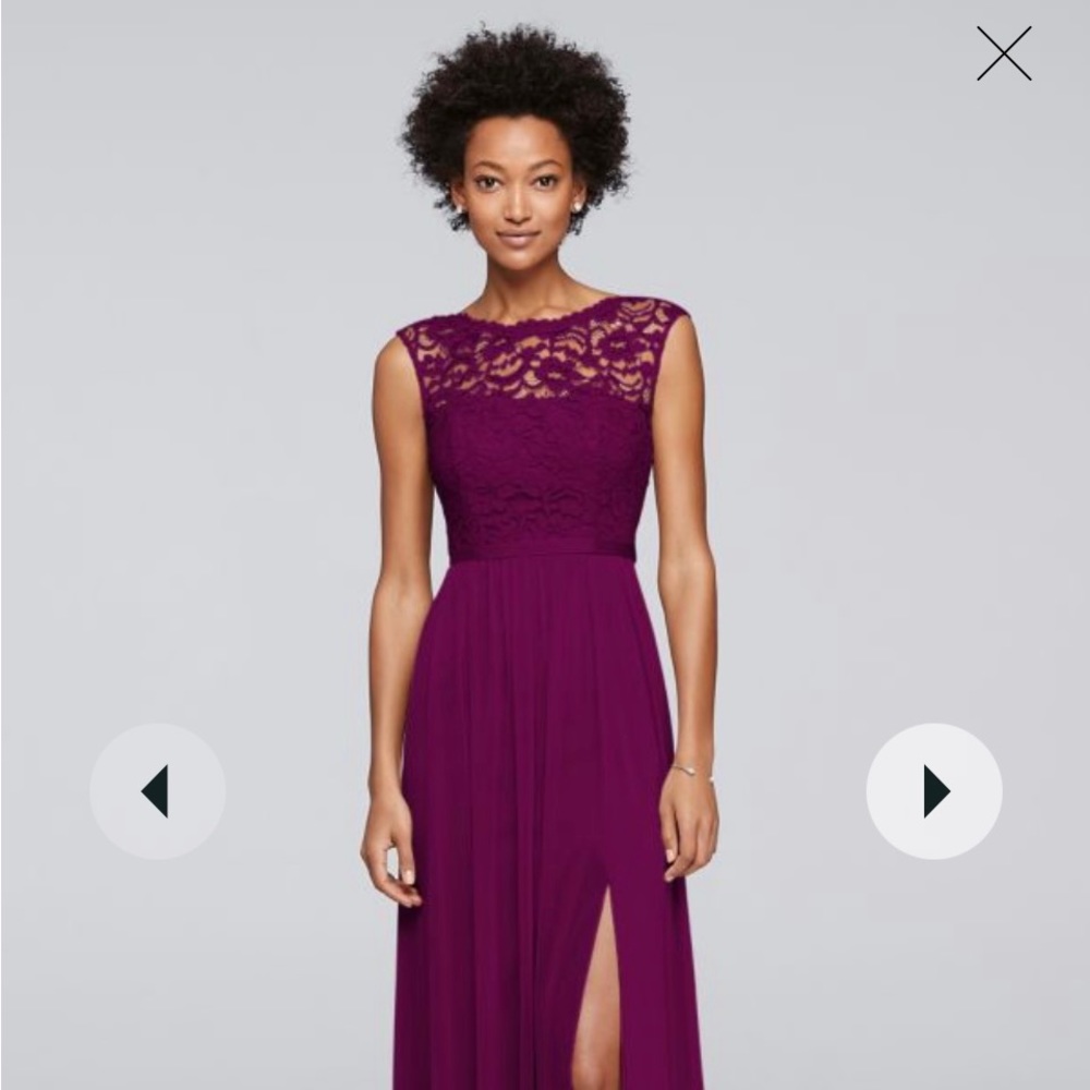 Brand new w/tags David’s Bridal gown. Style F19328 in Wine color.